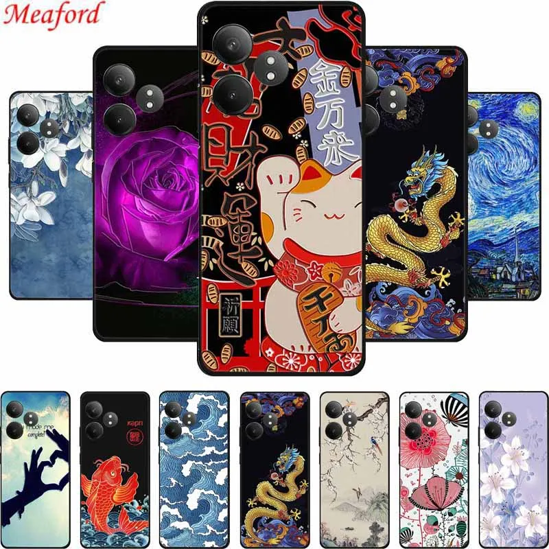 3D Emboss Phone Case For Realme GT 6 6T Neo6 SE Realme C61 C63 Note 60 Note 50 Black Silicone Soft Back Cover Case Coque Funda