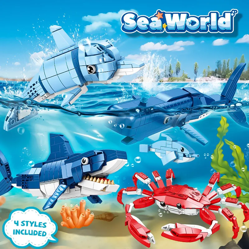 Crab building blocks DIY Marine animal giant tooth mechanical shark deep sea biological children 5 assembled toy whale gift