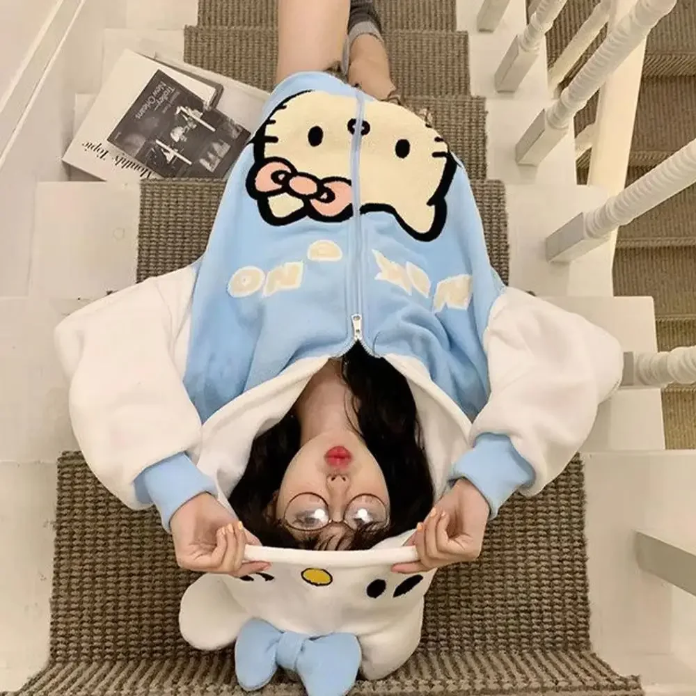 أنيمي مرحبا كيتي المرأة رشاقته معطف امبسوول Kawaii الشتاء القطبية الصوف الدافئة المرأة سترة مقنعين القمم فضفاضة لطيف الحلو هدية