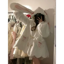 Japanese Sweet Girl Cute Rabbit Ears Hooded Plush Jacket Women Winter Teens Student Padded Thicken Kawaii Loose Coat Outwear