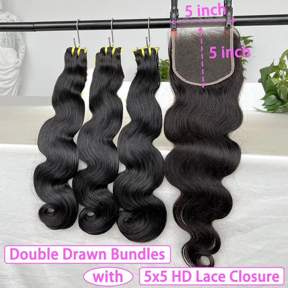 Body Wave Double Drawn Human Hair Bundles With 4x4 5x5 13x4 HD Lace Closure Frontal Natural Hair Weaving Extensions For Women