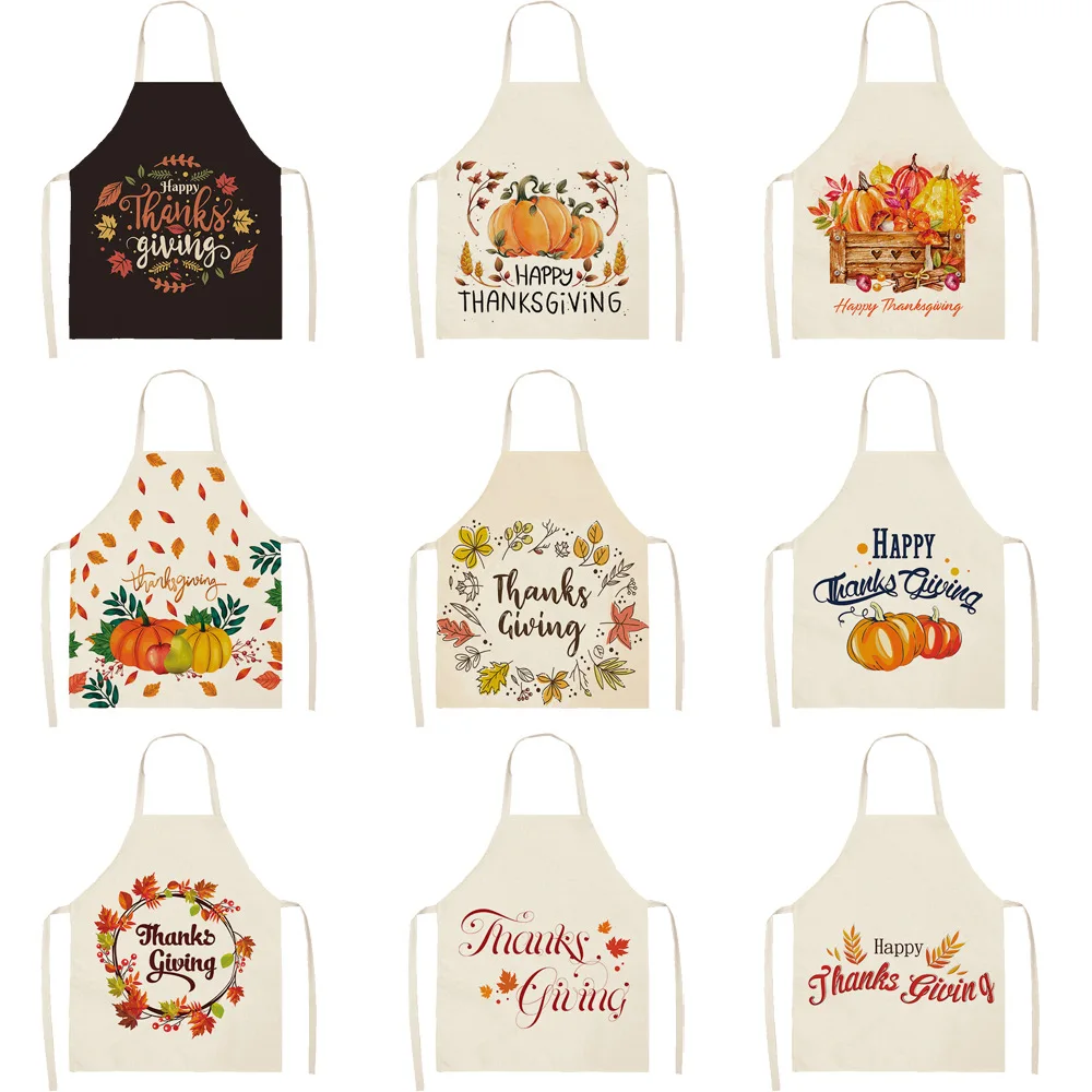 1Pc Kitchen Aprons for Women Cotton Linen Bibs Household Home Autumn Thanks Giving Home Cooking Baking Waist Bib Pinafore