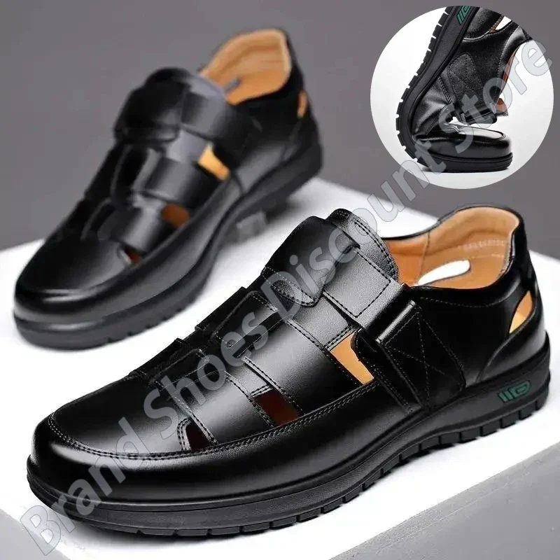 Zapatos de cuero para hombre, sandalias antideslizantes de suela suave con tacón alto, informales, de negocios, de lujo, color negro, para verano