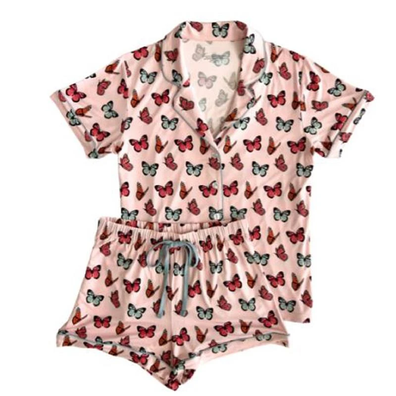 2 Piece Cherry/Bow/Butterfly Print Shirt + Shorts Sleepwear Sets Women Lounge Short Sleeve Button Up Blouse Tops Cute Pajama Set