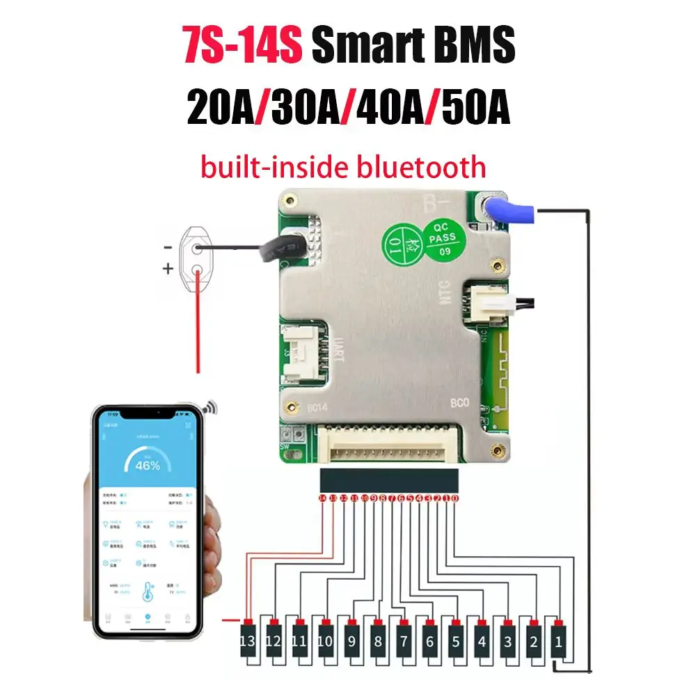 JBD Smart BMS 24V 36V 48V 50A المستمر 150A الذروة 7s 8s 9s 10s 11s 12s 13s 14s BT APP uart ليثيوم أيون LFP BMS لوحة التوازن الذكية