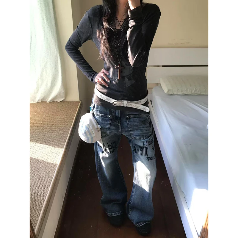 

Y2k женские синие джинсы-карго Harajuku мешковатые джинсовые брюки винтажные широкие джинсы длинные брюки японский стиль 2000-х годов одежда оверсайз