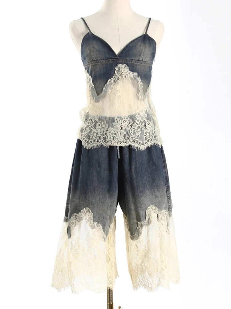 

Denim Lace Elegant Tank Top Wide Leg Shorts Two Piece Suit New V-Neck Women Fashion Tide Spring Summer 2024 7AB4274