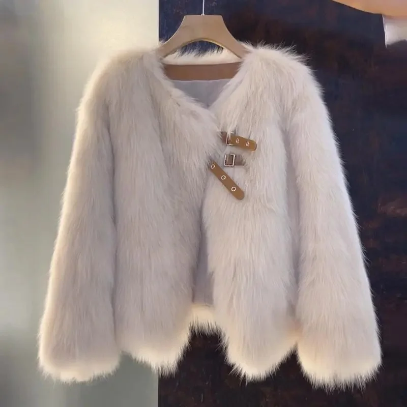 2024 Female Faux Fur Tops Coat Autumn Winter Women Fashion Plush Overcoat Korean Ladies Long Sleeves Imitation Fox Fur Jacket