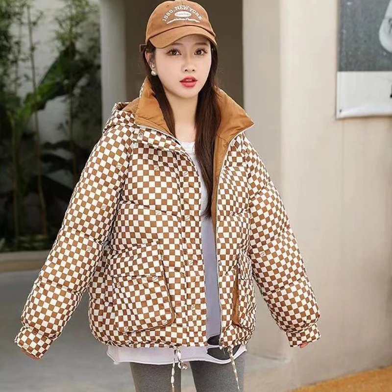 2025 Korean Checkerboard Down Cotton Jacket For Womens Clothing Short Thick Hooded Parkas Coat Female For Winter Puffer Outwear