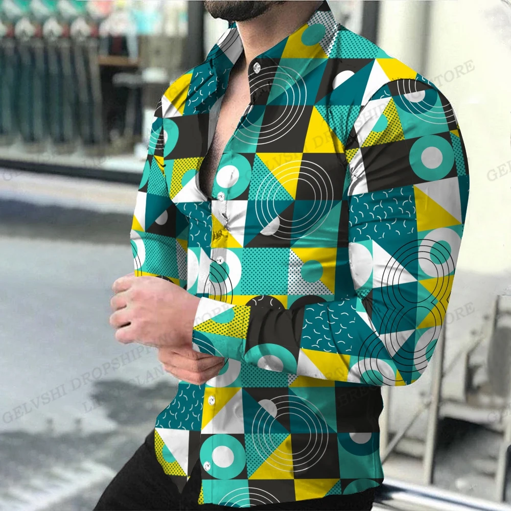 Geometric Theme ShirtsMen's Fashion, Casual Comfortable, Long Sleeve Shirts, Hawaiian Casual Beach Streetwear, Colorful Clothing