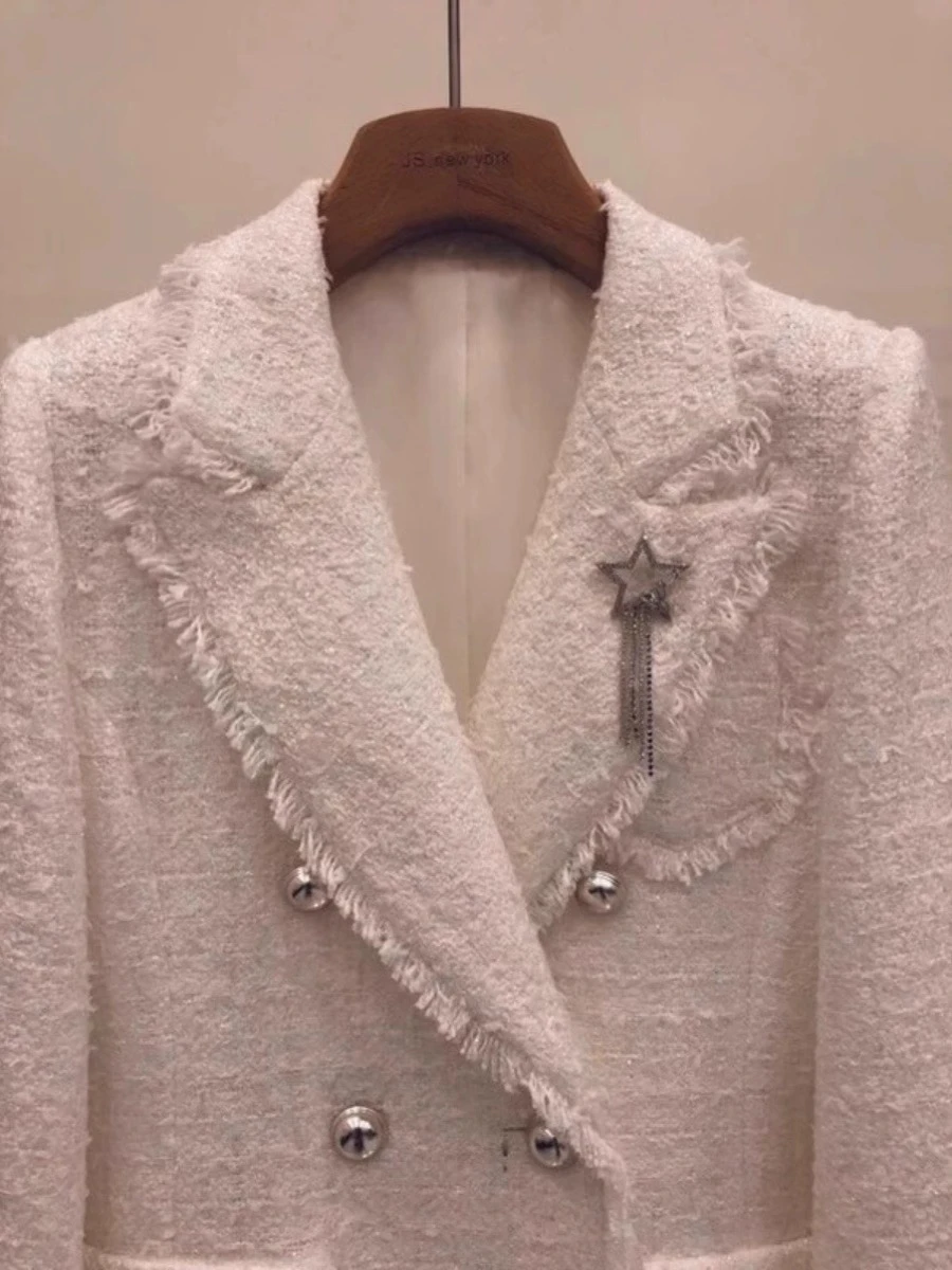 GALCAUR White Spliced Brooch Jacket Female Lapel Long Sleeve Loose Elegant Intellectual Style Women's Jackets Autumn Fashion New