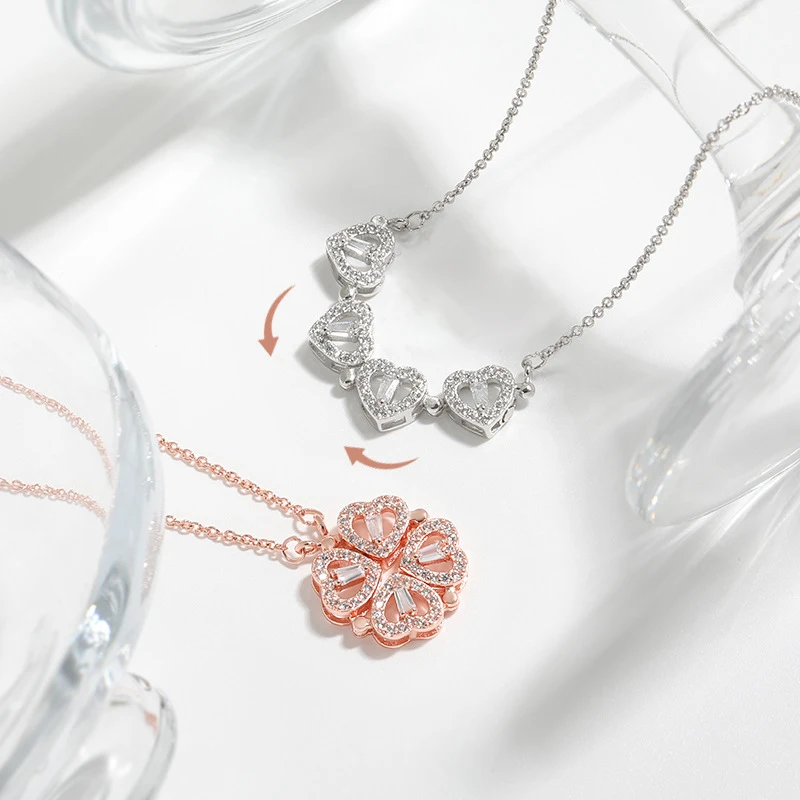 Colar de Luxo G&D com Pingente Magnético Trevo de Quatro Folhas e Coração, Joia Feminina com Flor, Presente de Casamento