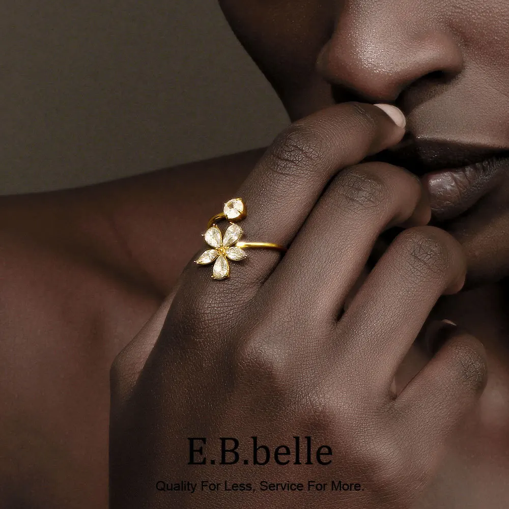 E.B.belle Elegant Style Double Layers Zircon  Flower Ring 18K Gold Plated Stainless Steel Women Open Finger Jewelry