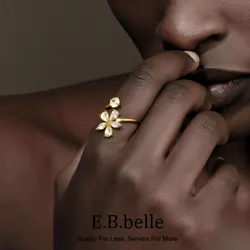 E.B.belle Elegant Style Double Layers Zircon Flower Ring 18K Gold Plated Stainless Steel Women Open Finger Jewelry
