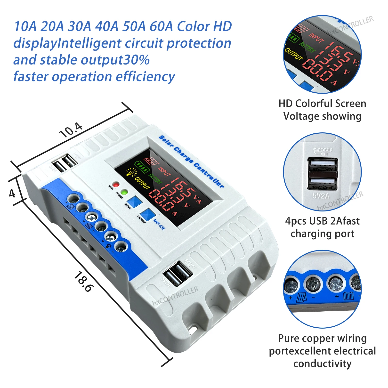 High Quality PWM 20A 30A 40A Solar Panel System Charge Controller 12V 24V PV Battery Regulator With Colorful HD Display