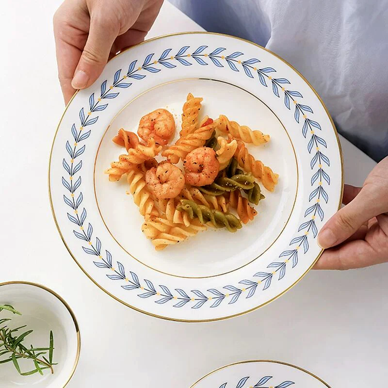 

Gold Rimmed Ceramic Plate White Dinner Plate Pasta Dessert Cake Dish Food Plate Round Porcelain Kitchen Serving Dishes Tableware
