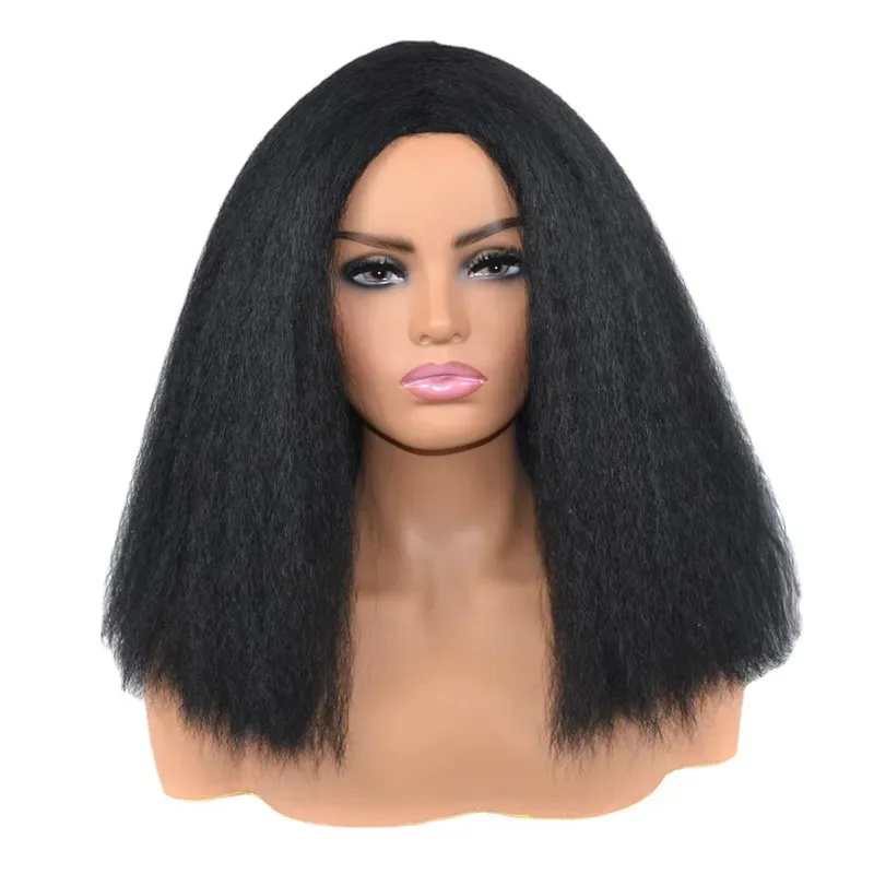 

Кудрявый короткий парик со средней частью для чернокожих женщин, 14-дюймовый яки, прямой, термостойкое волокно, синтетический пушистый парик; 3, v'9.e; 7 дюймов