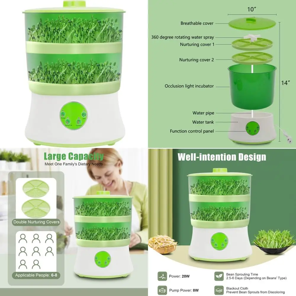 

Intelligent 2-Layer Automatic Bean Sprouts Machine - 110V Sprouting System with 360° Water Sprinkler for 3 Seeds
