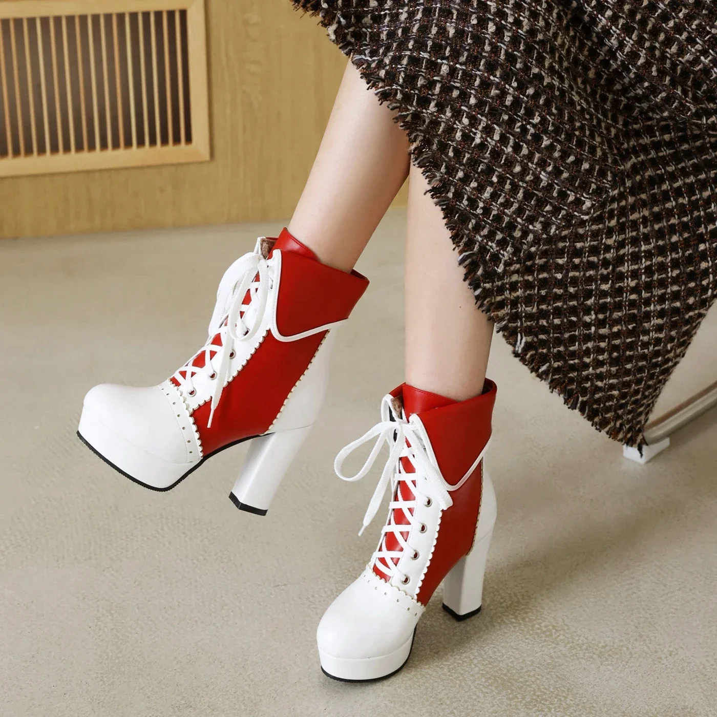 Cute Pink Winter Ankle Boots Women High Thick Heels White Red Mixed Color Party Show Lady Lace-up Round Toe Platform Short Boots