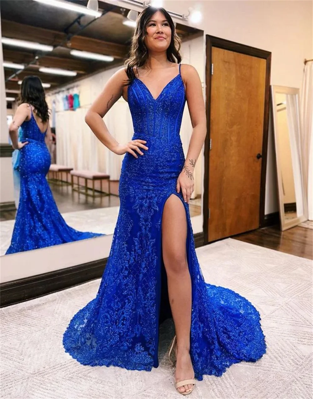 Amanda Sapphire Blue Evening Dress Sexy Spaghetti Strap Fishtail Prom Dress 2023 Glitter Mermaid Party Dress فساتين مناسبة رسمية