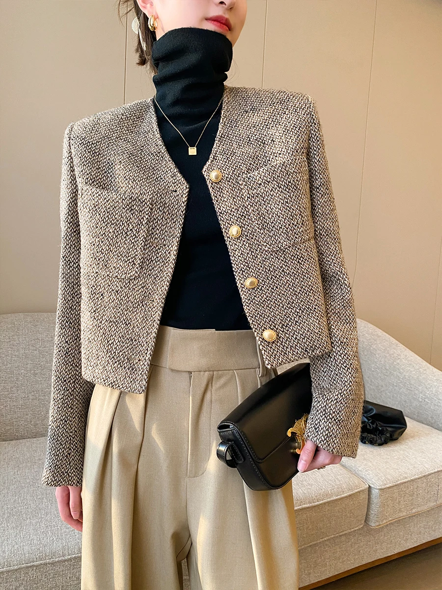

PIN Coffee Color ort Coat Women's Autumn New Faionable Thi Tweed Outerwear V-ne Long Sve Commute Sle Outerwear