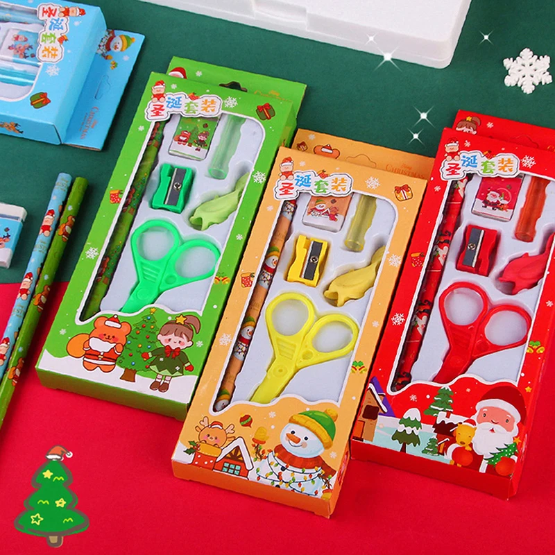 6Pcs/set Christmas Stationery Set Pencils Sharpener Erasers Children Writing Drawing Pencil Gifts School Stationeries Supplies
