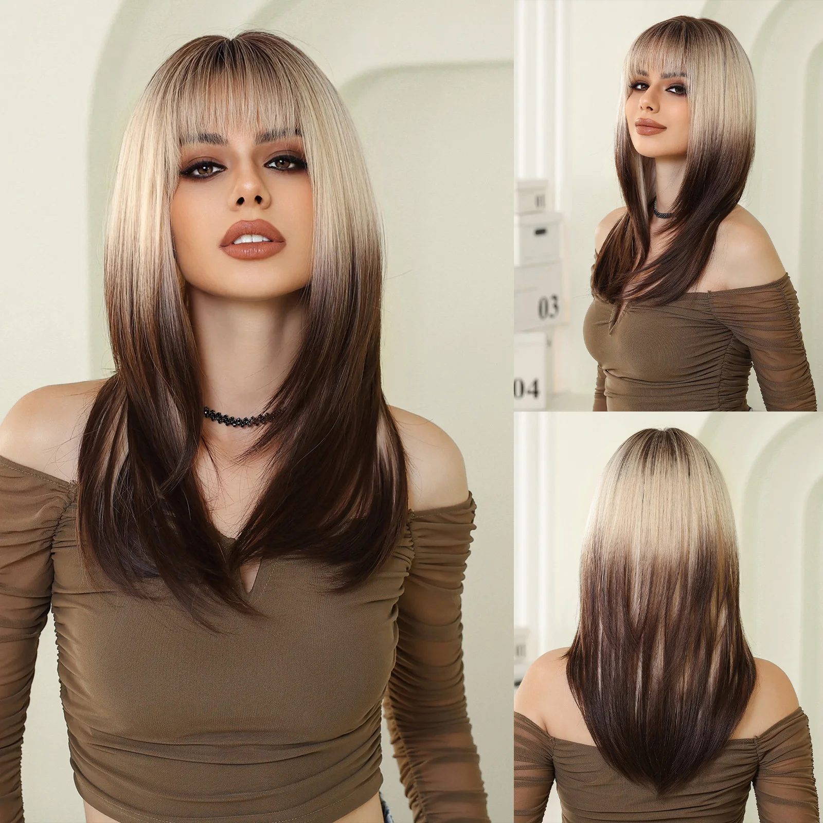 

Straight Blonde Ombre Dark Brown Synthetic Wigs with Bangs Cosplay Party Wigs for White Women Afro Natural Heat Resistant Fibre