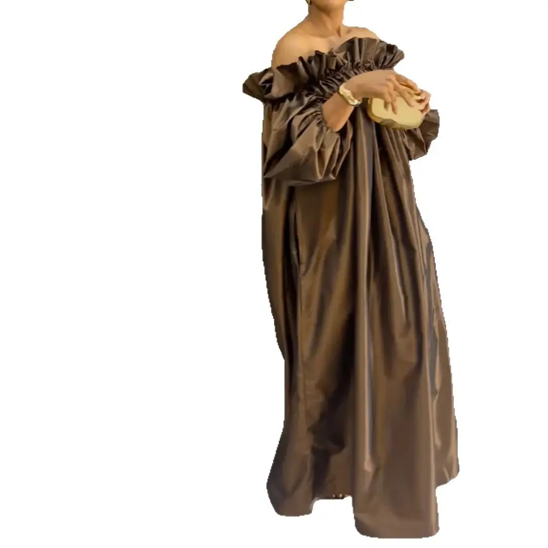 2025 otoño nuevo un hombro satén Sheen Slim Fit vestido de noche largo mujeres marrón estilo elegante