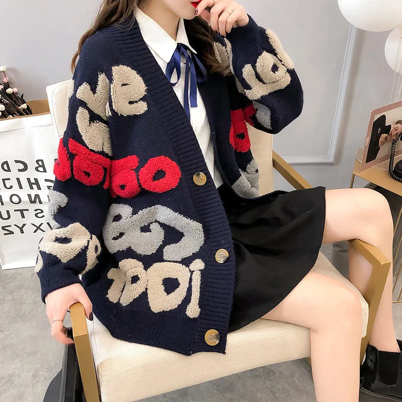 

Women's Lazy Sweater New Women's Coat Letter V Neck Medium Long Jacquard Knitted Cardigan Women's 2024 Autumn/Winter Edition