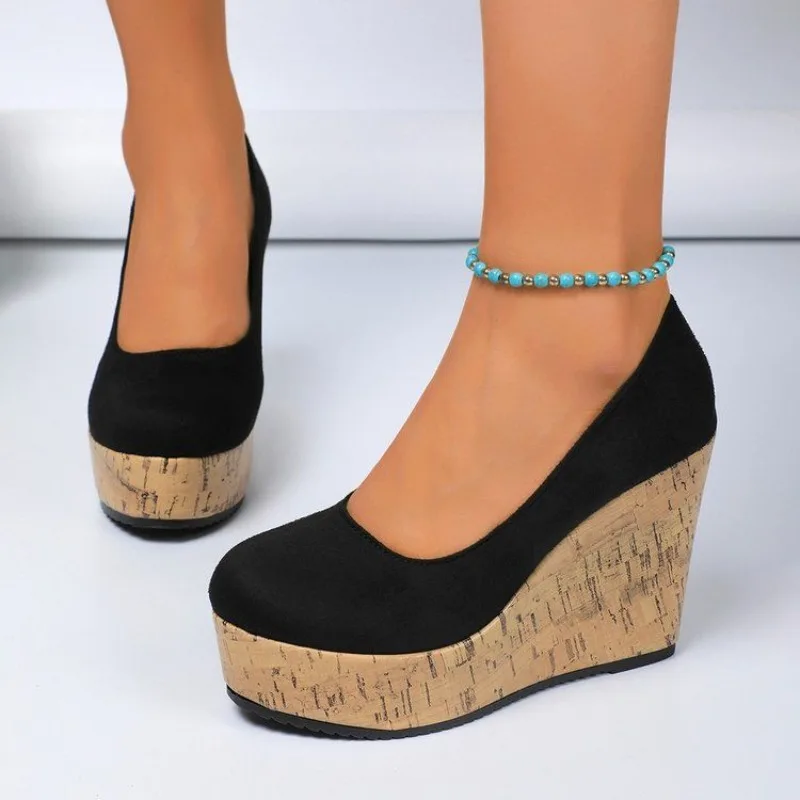 Women's Shoes Suede Retro Wedge Heels Round Head Ultra High Heels Shallow Loafers Plus Size Summer Women Casual Shoes 2026 New