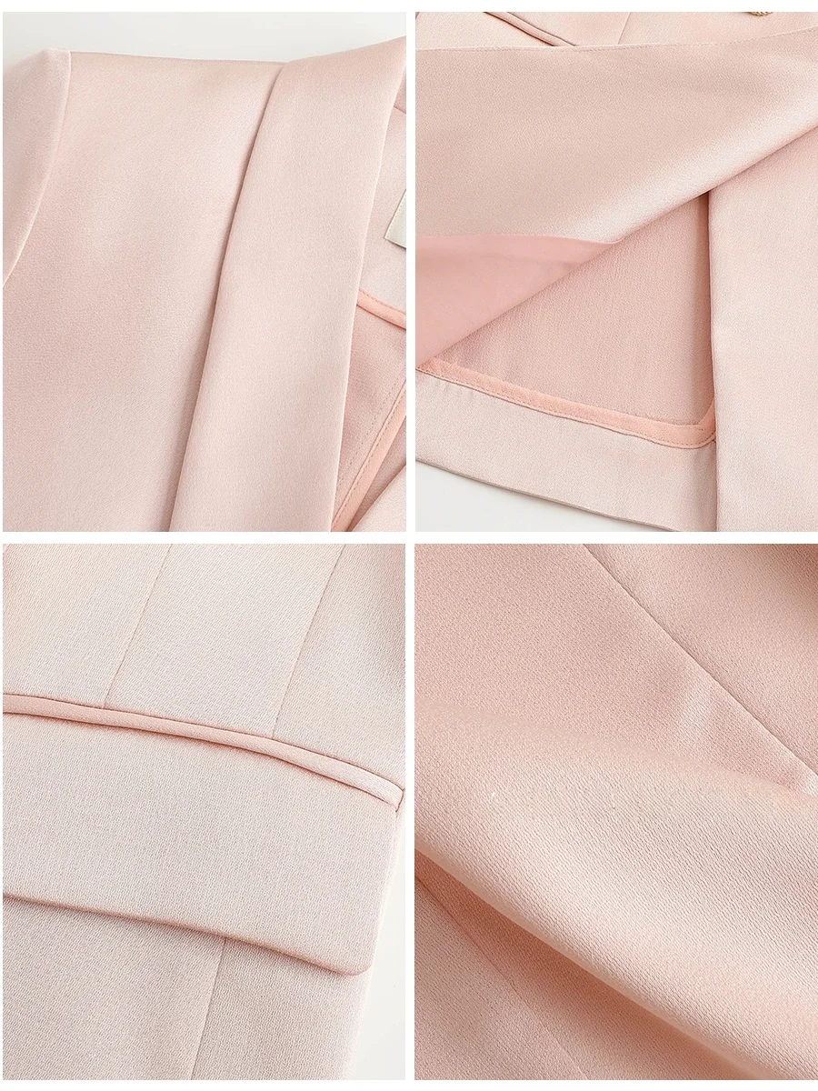 

Women's Pink Satin Suit Set with Seven-Quarter Sleeves High Waist Skirt And Top Fashionable Cloud Bubble Design Summer Outfit