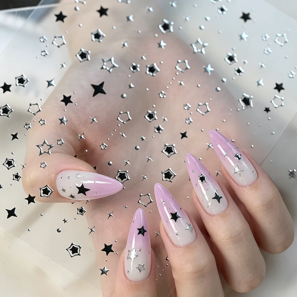1Pcs Silver Hollow Out Star Nail Sticker 5D Black Pentagram Cross Starlight Nail Decals Metallic Five-Pointed Nail Art Decoratio
