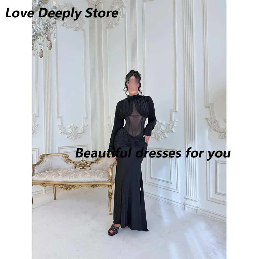 

Black Mermaid Formal Party Dress High Neck Long Sleeves Pleat Illusion Trumpet Midi Dress Ankle Length Evening Gown Customized