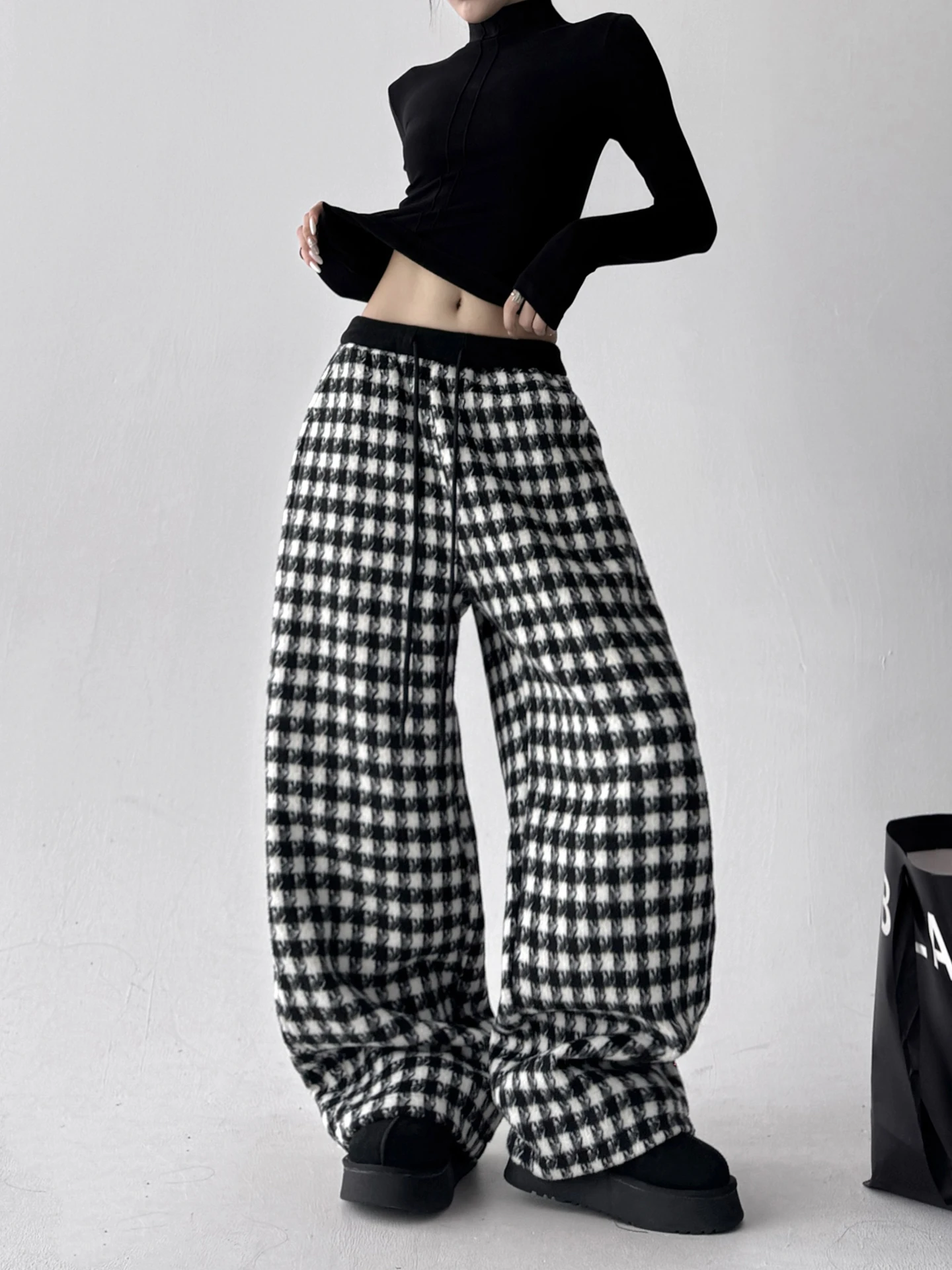 Pantaloni casual da donna larghi scozzesi a vita alta Pantaloni lunghi a gamba dritta retrò americani per donna Inverno 2025