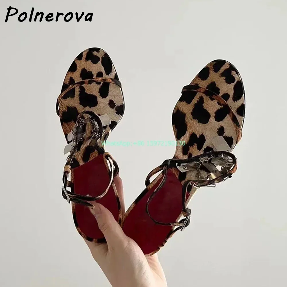 Leopard Metal Fringe Sandals Round Toe Thin Heels Straight Strap Shoes Ladies Fashion Sexy Runway Street Shoot Stiletto Shoes