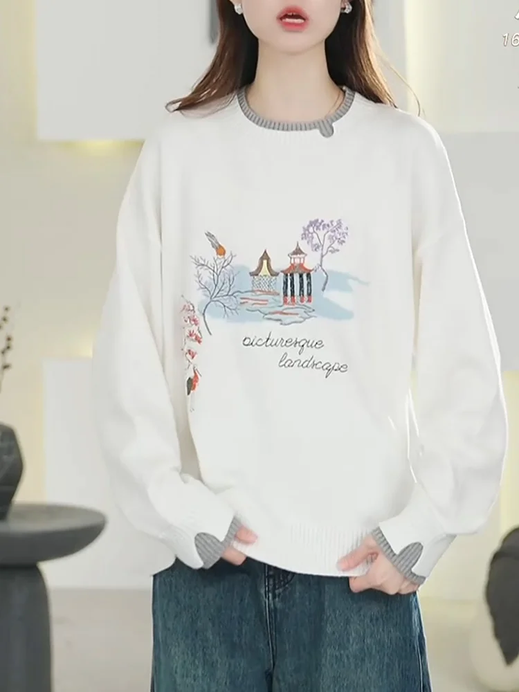 

Retro Print round Ne Spliced Knitted Sweater Autumn New Sle plus Size Versatile Slimming Top Korean Sle Casual Commute