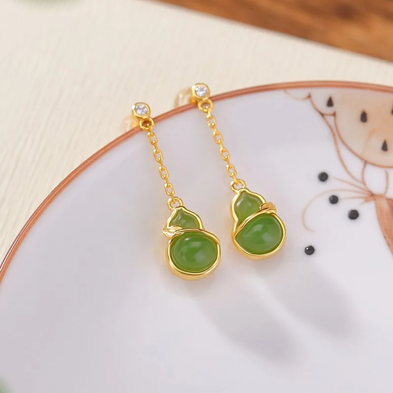 

TIMESWIND Зеленый Hetian Jade Gourd S925 Серебряная трава Полые женские серьги с сертификатом