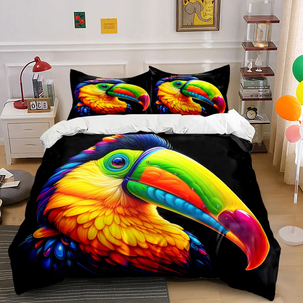 Vibrant Parrot Close-Up Artwork Printed Duvet Cover Set 1 Duvet Cover+2 Pillowcase Multi Size Bedroom Bedding Decoration