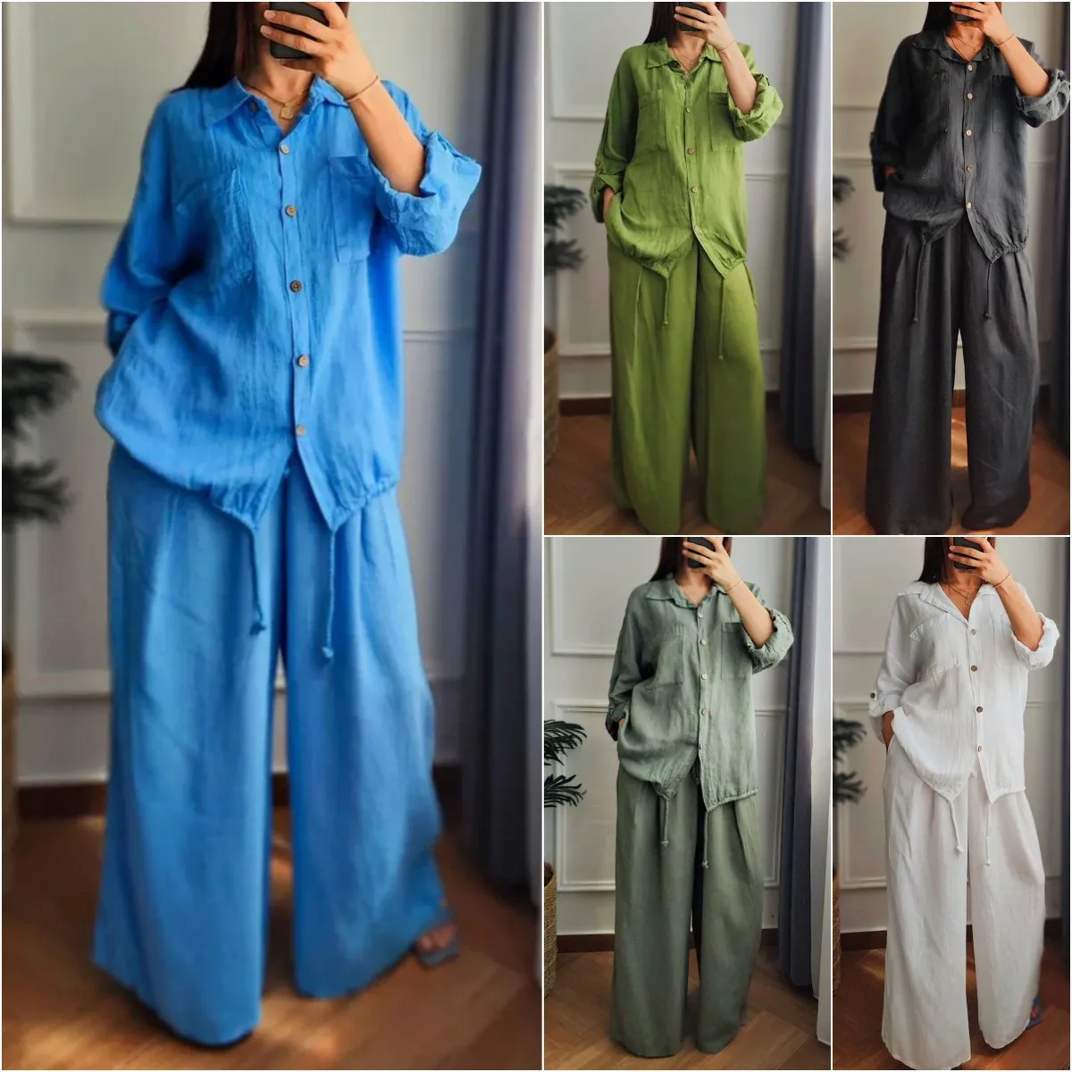 

Women's Casual Loose Cotton Linen Solid Color Shirt, Wide-leg Pants, Two-piece Tops, Trousers, Two-piece Set, Suitable For Women