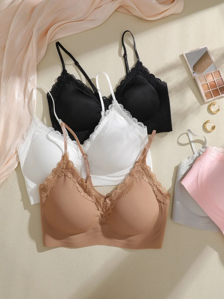 French Lace Bra V Neck Seamless Bra Women's Adjustable Thin Strap Wireless Thin Cup Layering Base Intimates Lingerie Solid S-XL