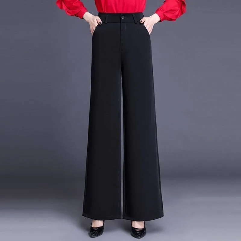 Womens High Waist Button Zipper Multi Pocket Straight Wide Leg Suit Trousers