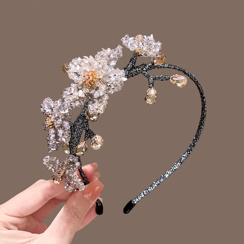 Exquisite Light Pink Crystal Flower Headband Korean Style Sweet Thin Hair Hoop Wedding Party Hair Accessories and Headwear Clip