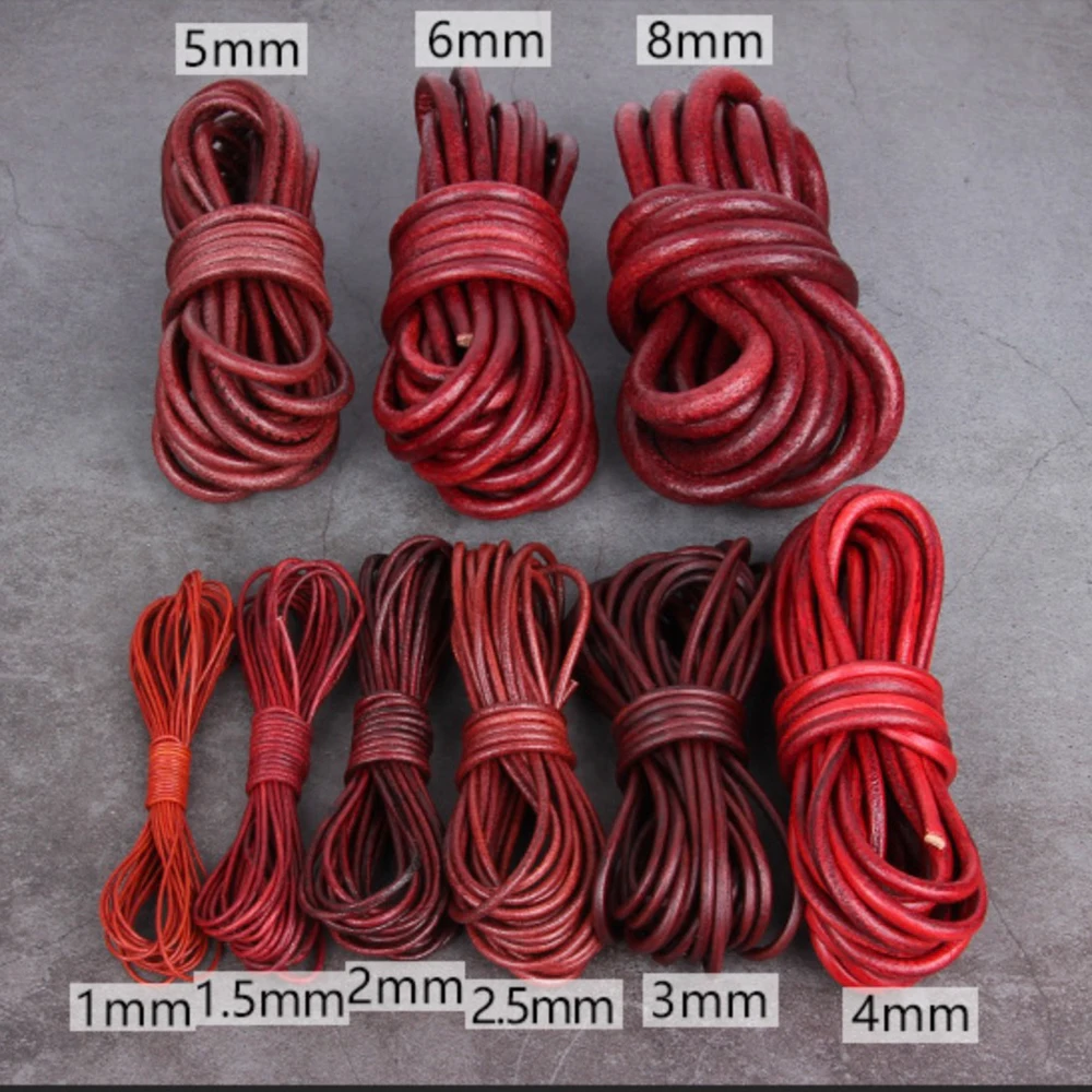 1/2/3/4/5/6/8mm 2meter Red Retro Coffee Cow Leather Strap Findings Flat/Round Leather Cord String Rope DIY  Bracelet Making