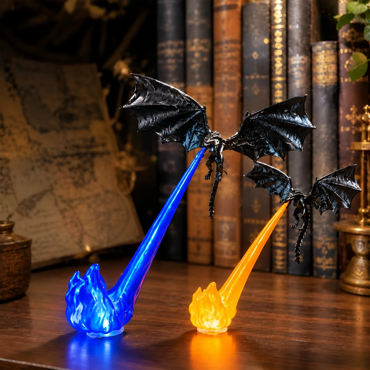 3D Dragon Glowing Flame Light Bookshelf Nook Light Flying Fire Dragon Statue  Bookshelf Decoration Library Halloween Decoration