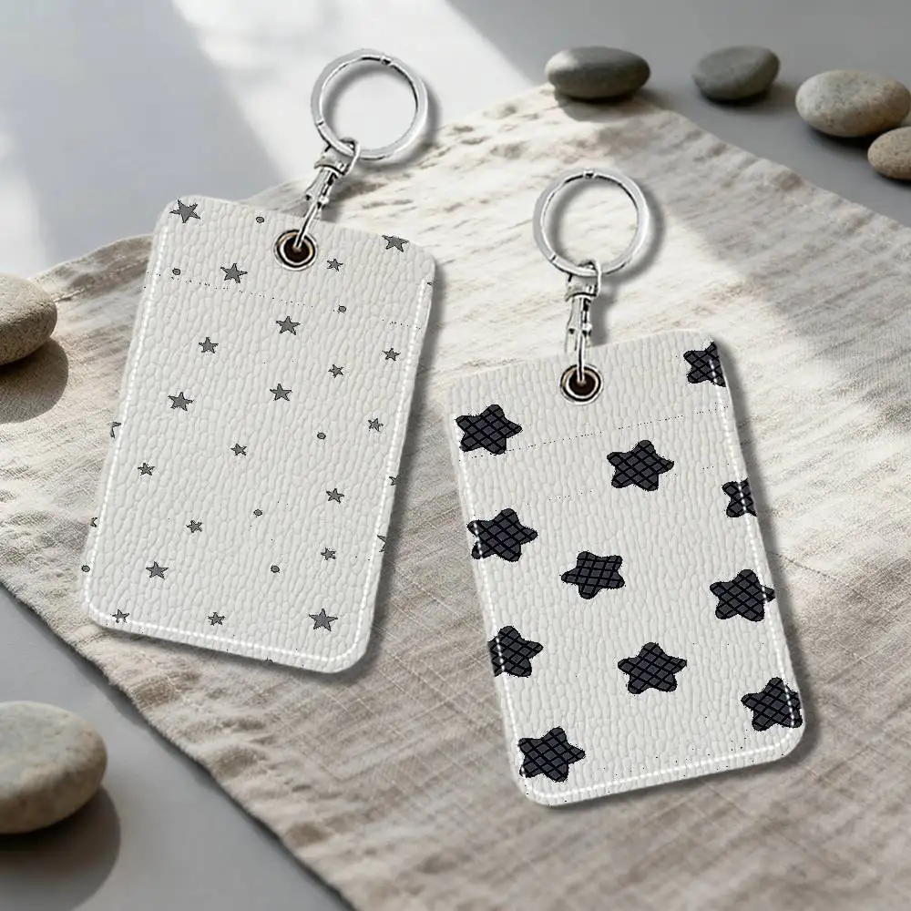 Gray Star Keychain Card Holder, Badge Credit Card Holder, Student ID Card Holder, Bus Cards Cover Protector Portable PU Leather