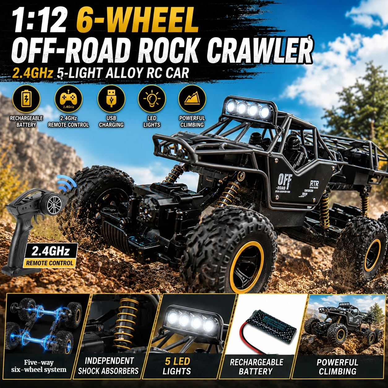 

1:12 Alloy Remote Control Car 2.4G Six-wheel Five-way Remote Control Climbing Off-road Vehicle Light Drift Car Children's Toy