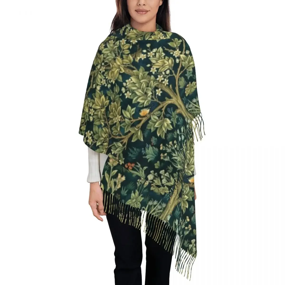 Tree Of Life By William Morris Tassel Scarf Women Soft Floral Textile Pattern Shawls Wraps Female Winter Fall Scarves