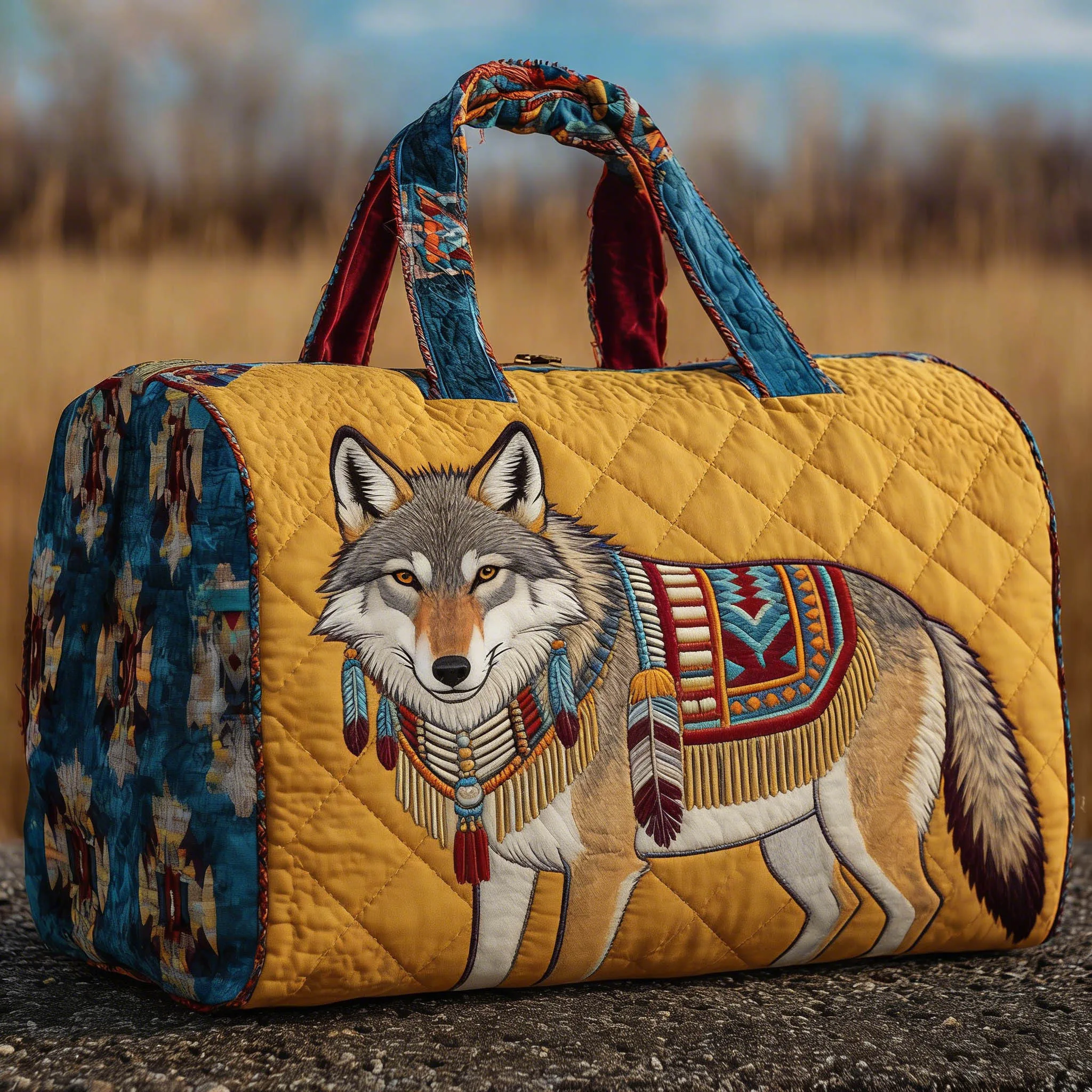 

Native American Tribal Wolf Quilted Duffle Bag Ethnic Western Weekender Travel Handbag for Outdoor Adventure Trip
