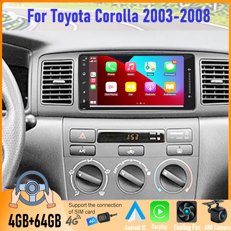 7” Touch Screen Car Stereo Wireless CarPlay Android Auto 4+64GB Toyota Corolla 2003-2008 Android Multimedia Player GPS FM BT