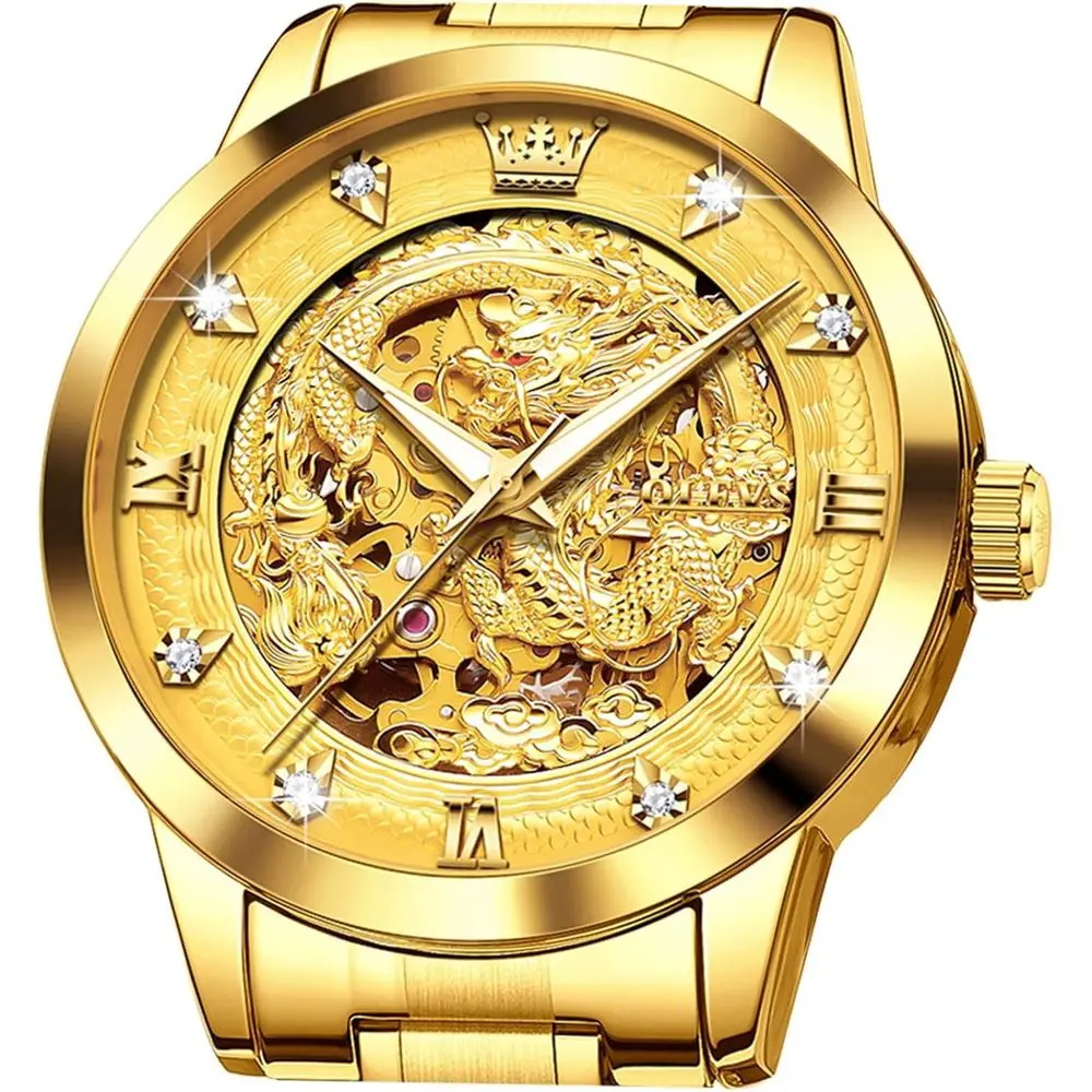 

Мужские автоматические часы OLEVS Dragon Skeleton, 42 мм, с большим циферблатом, золотые, роскошные, с автоподзаводом, бриллиантами, водонепроницаемые, из нержавеющей стали, деловые, с турбийоном